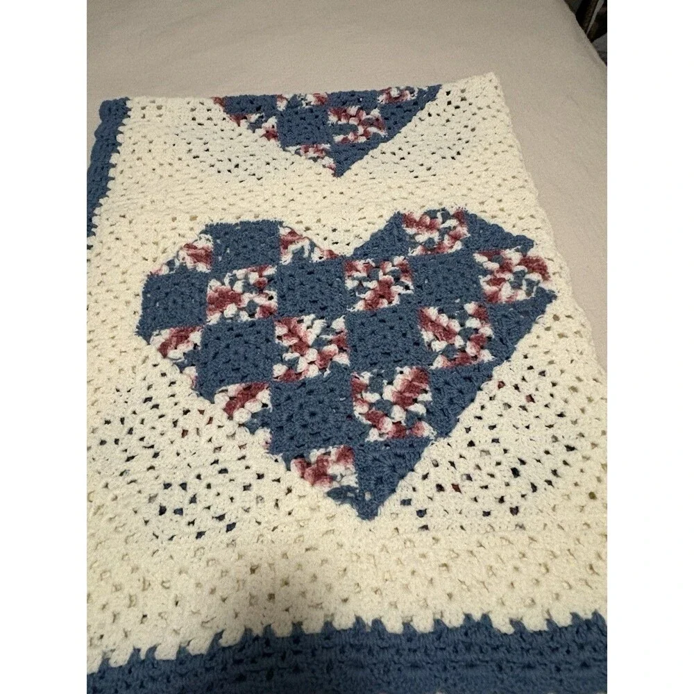 Handmade Crochet Granny Square Sofa Throw Blanket, Multicolor Vintage Hearts